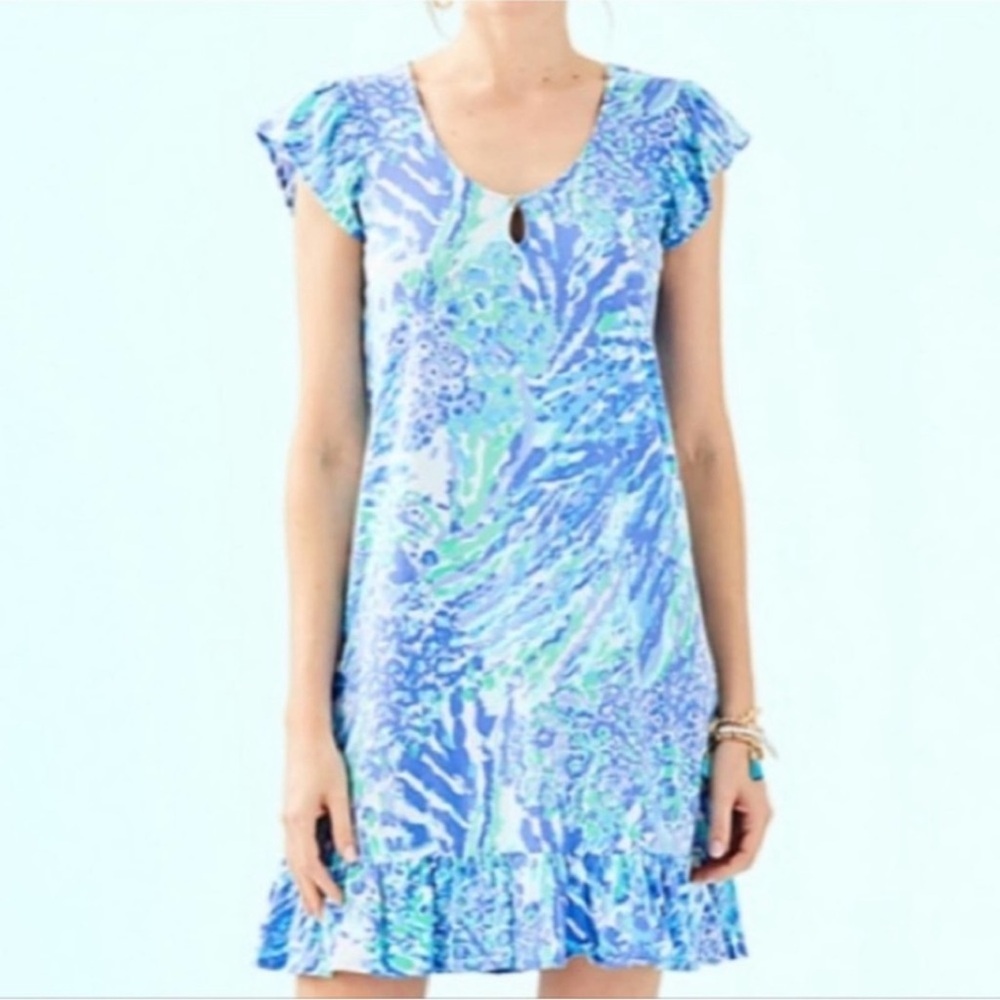 Lilly Pultizer Rejina Ruffle Hem Shift Dress in Blue Haven Hey Hey Soleil